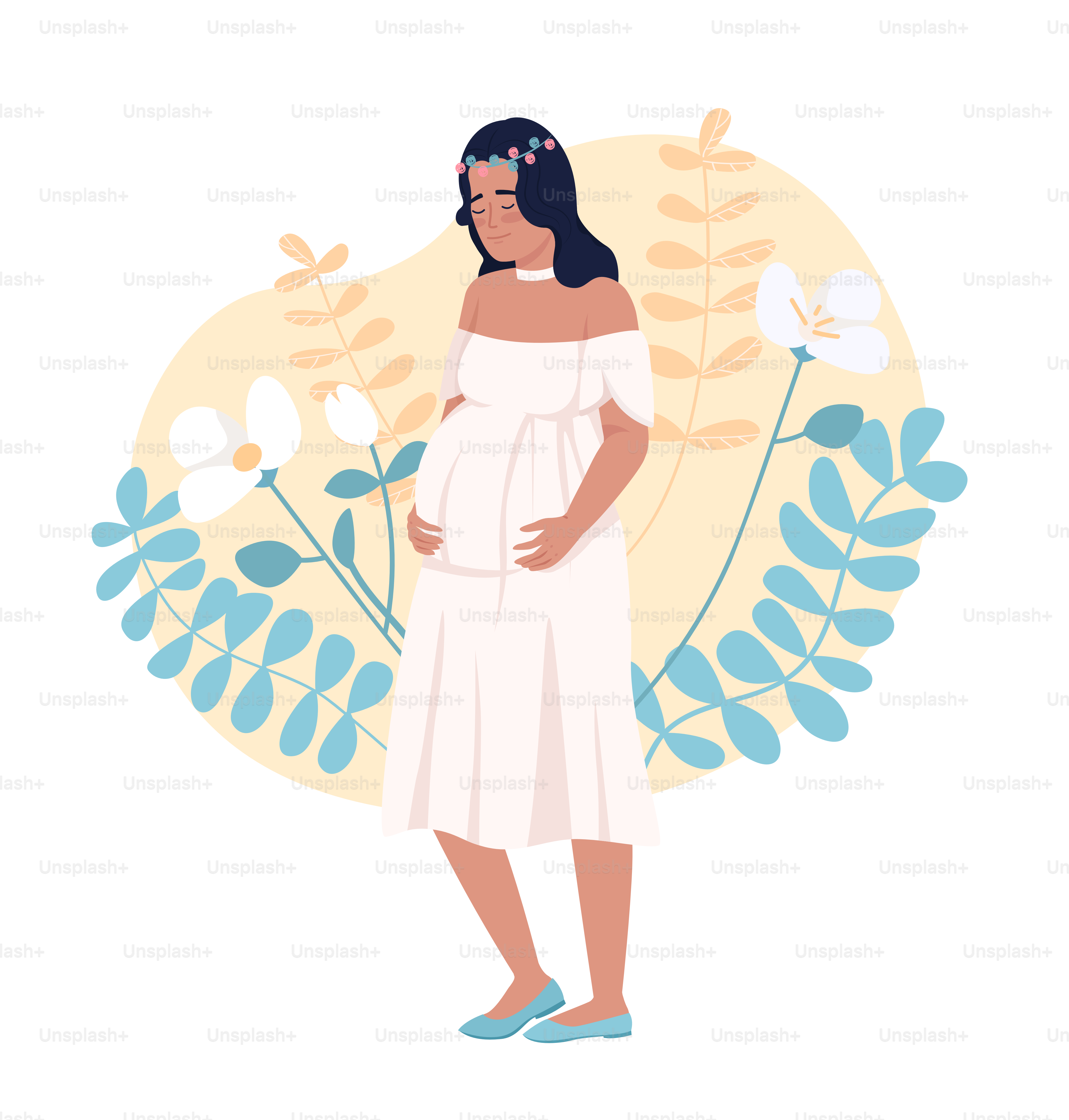 Future mère et décor floral 2D vectorielle isolée illustration. Personnage plat enceinte sur fond de dessin animé. Soins prénataux scène modifiable colorée pour mobile, site Web, présentation