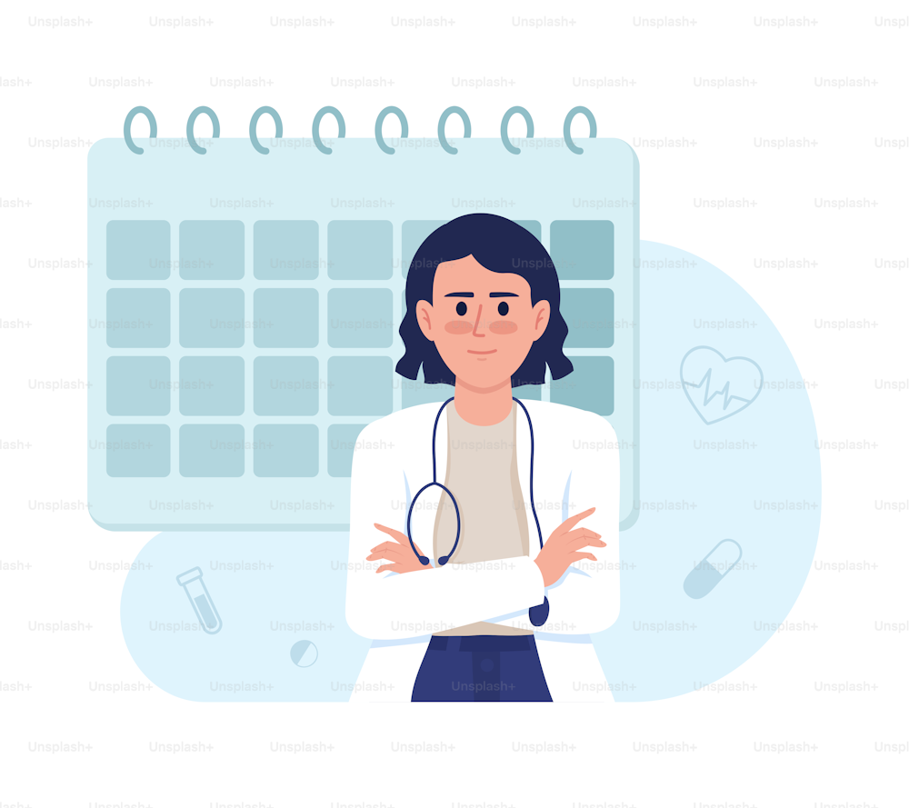 Schedule doctor appointment 2D vector isolated illustration. Healthcare service flat characters on cartoon background. Planning colourful editable scene for mobile, website, presentation