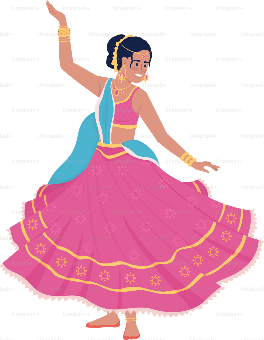 Femme dansante en robe rose folk caractère vecteur de couleur semi plate. Figure modifiable. Personne du corps entier sur blanc. Vacances hindoues illustration de style dessin animé simple pour la conception graphique Web et l’animation