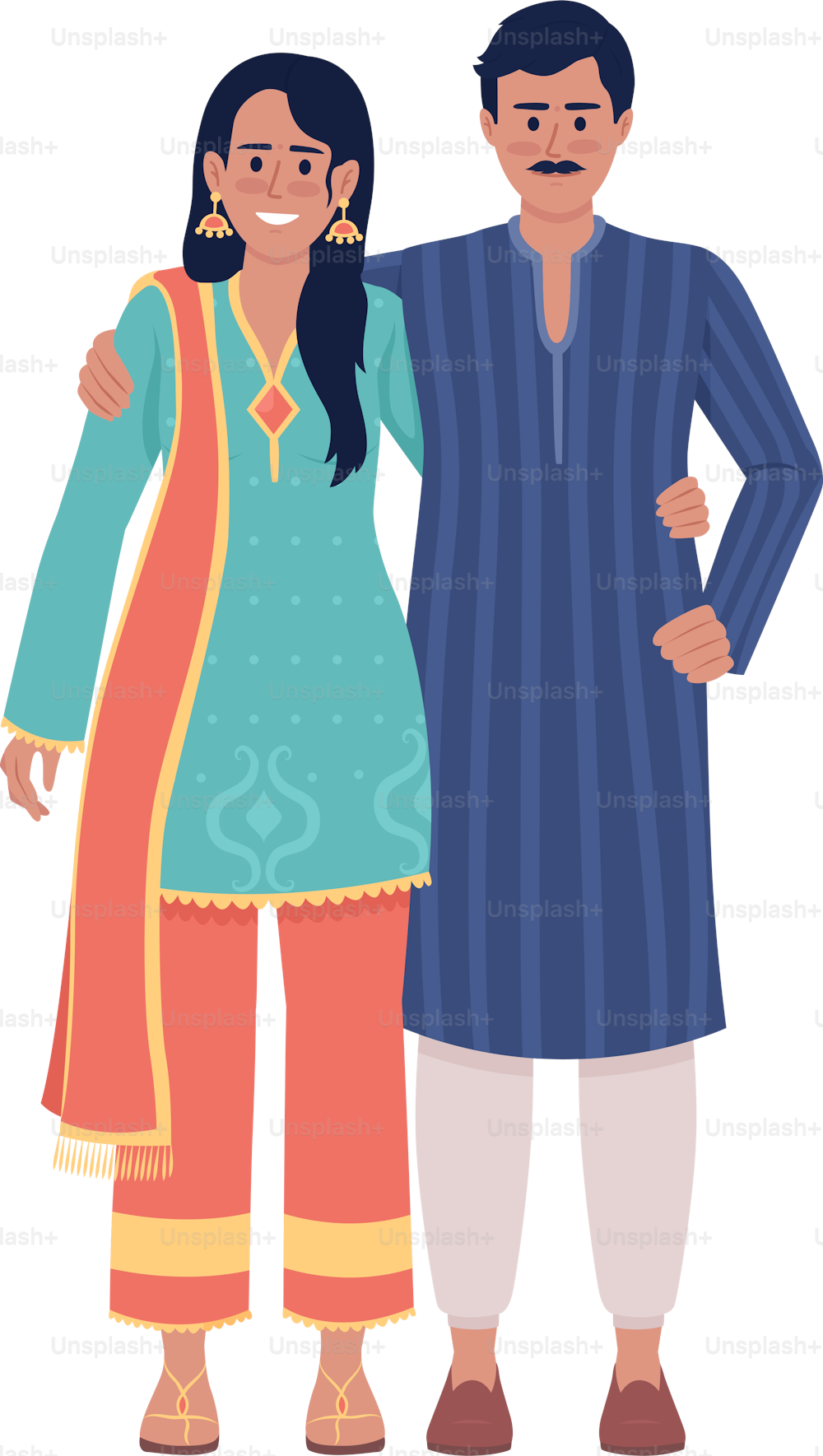 인도 민족 의상을 입은 행복한 커플은 세미 플랫 컬러 벡터 캐릭터를 입고 있다. 편집 가능한 그림. 흰색에 전신 사람들. 웹 그래픽 디자인 및 애니메이션을 위한 간단한 만화 스타일 일러스트레이션