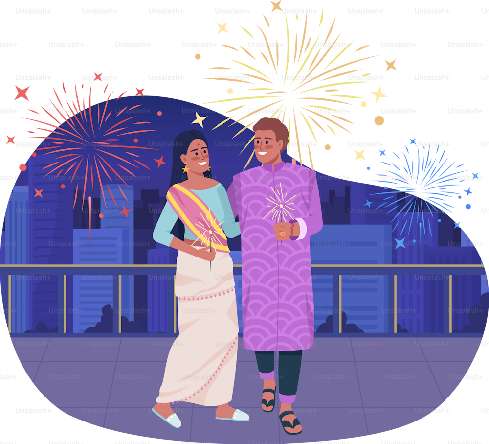 Coppia amorevole che celebra la festa di Diwali illustrazione isolata del vettore 2D. Personaggi piatti del festival su sfondo dei cartoni animati. Data scena colorata modificabile per cellulare, sito web, presentazione