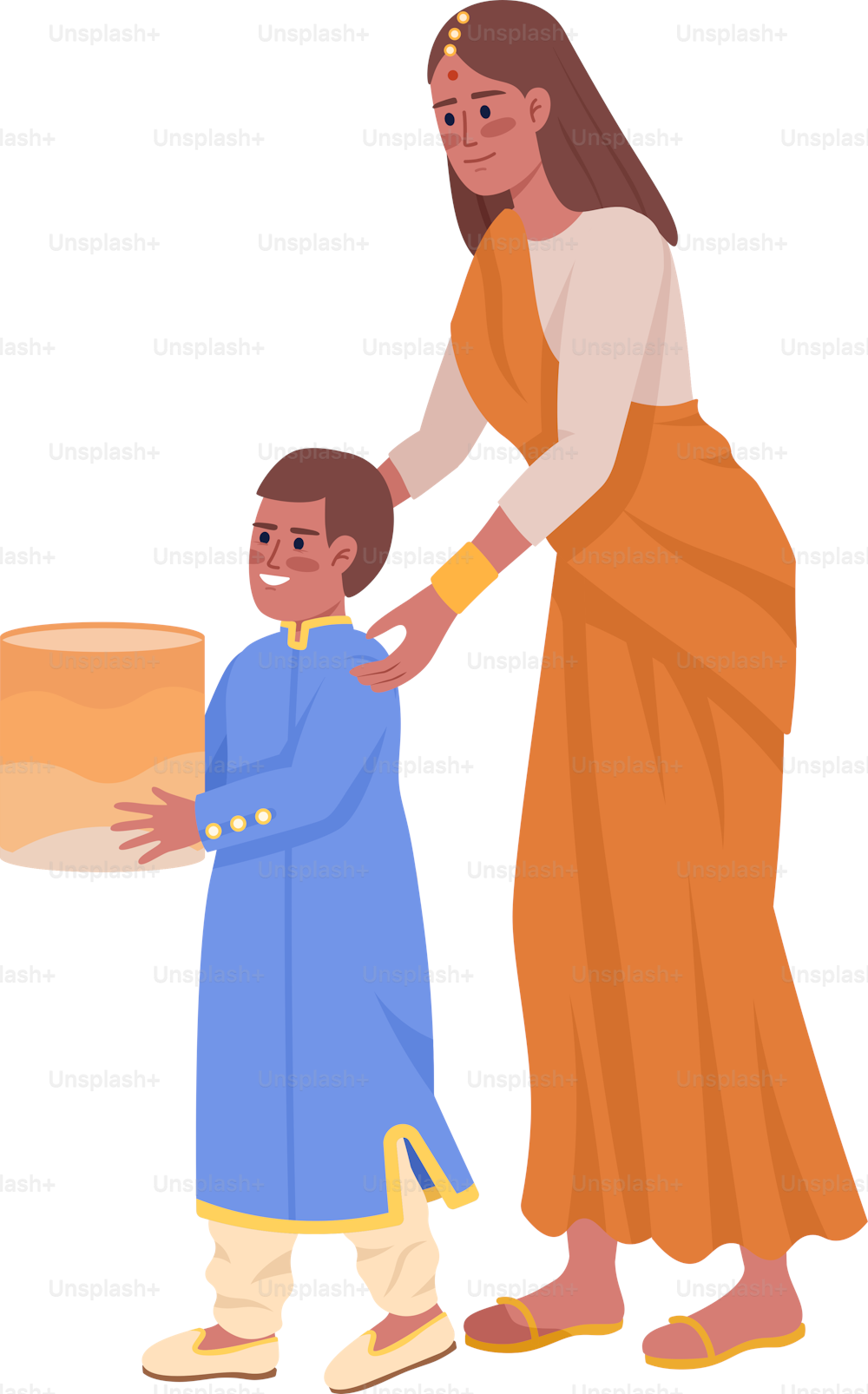 Mother with son launching sky lantern semi flat color vector characters. Editable figures. Full body people on white. Simple cartoon style illustration for web graphic design and animation