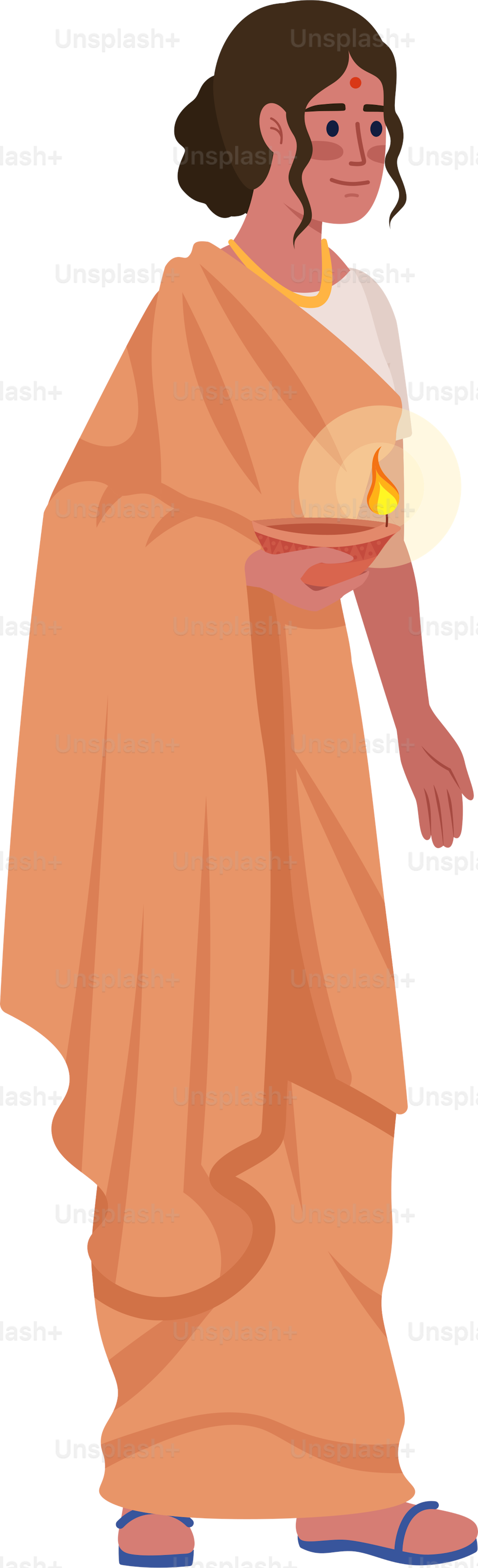 Woman holding oil lamp semi flat color vector character. Editable figure. Full body person on white. Hinduism religion simple cartoon style illustration for web graphic design and animation