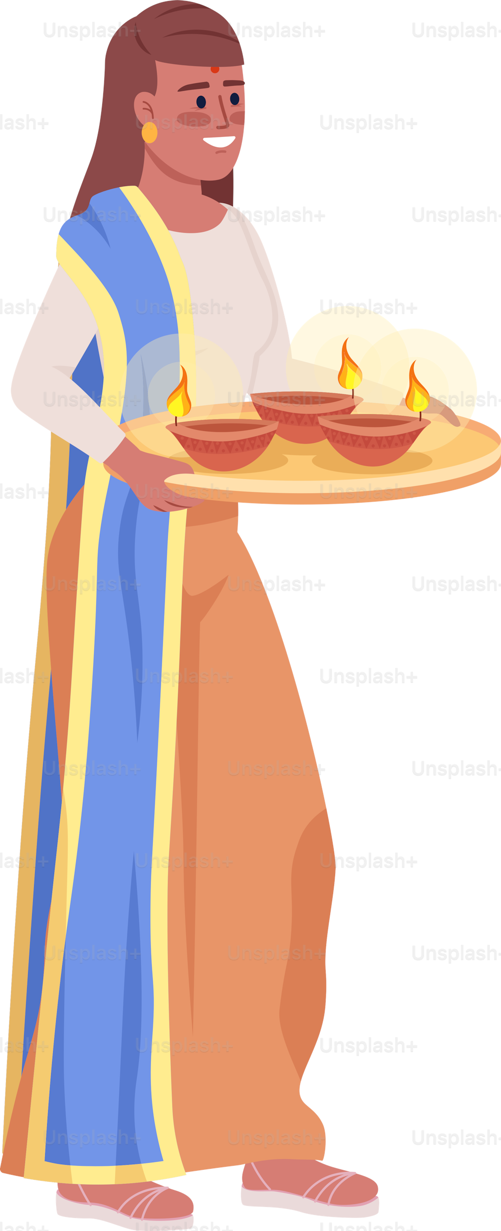 Frau trägt Tablett mit diyas halbflachen Farbe Vektor Zeichen. Bearbeitbare Abbildung. Ganzkörperperson auf weiß. Diwali-Ritual einfache Illustration im Cartoon-Stil für Webgrafikdesign und Animation