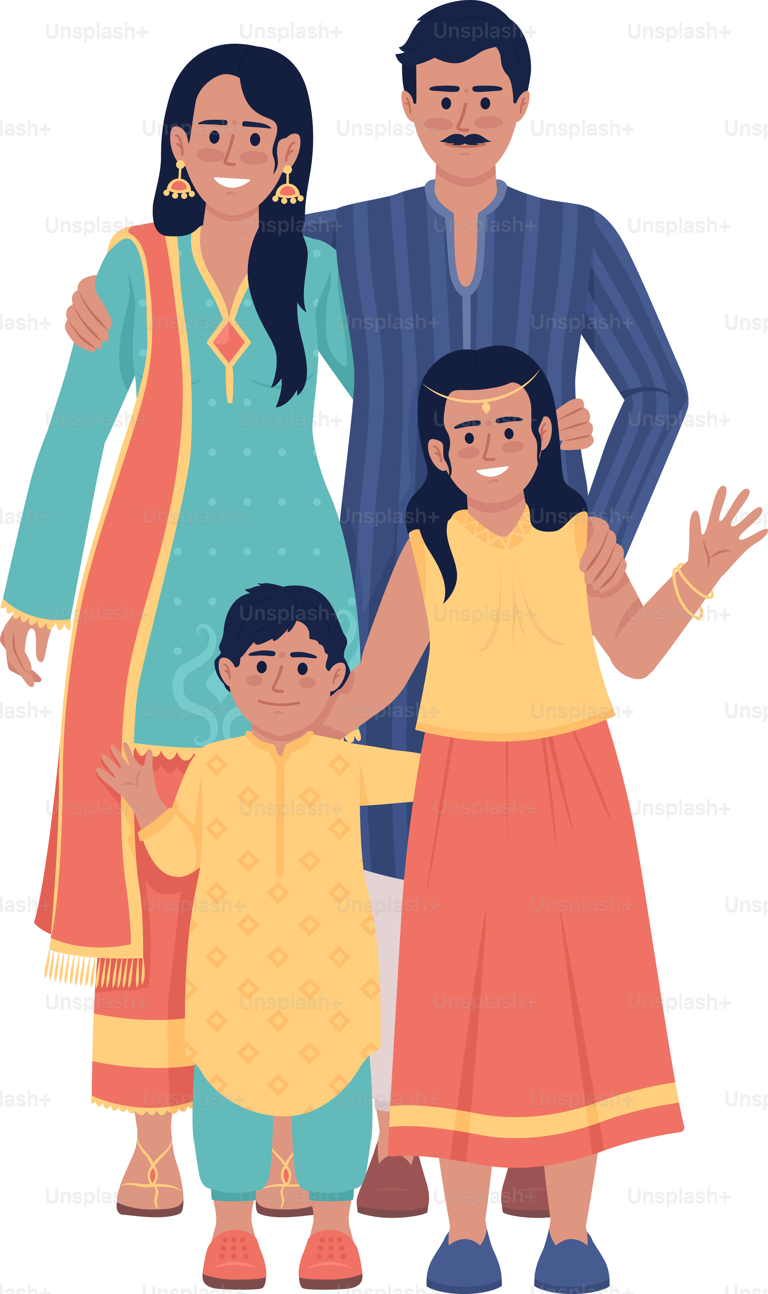 Familie, die indische ethnische Outfits trägt, halbflache Farbvektorzeichen. Bearbeitbare Figuren. Ganzkörpermenschen auf Weiß. Einfache Illustration im Cartoon-Stil für Webgrafikdesign und Animation