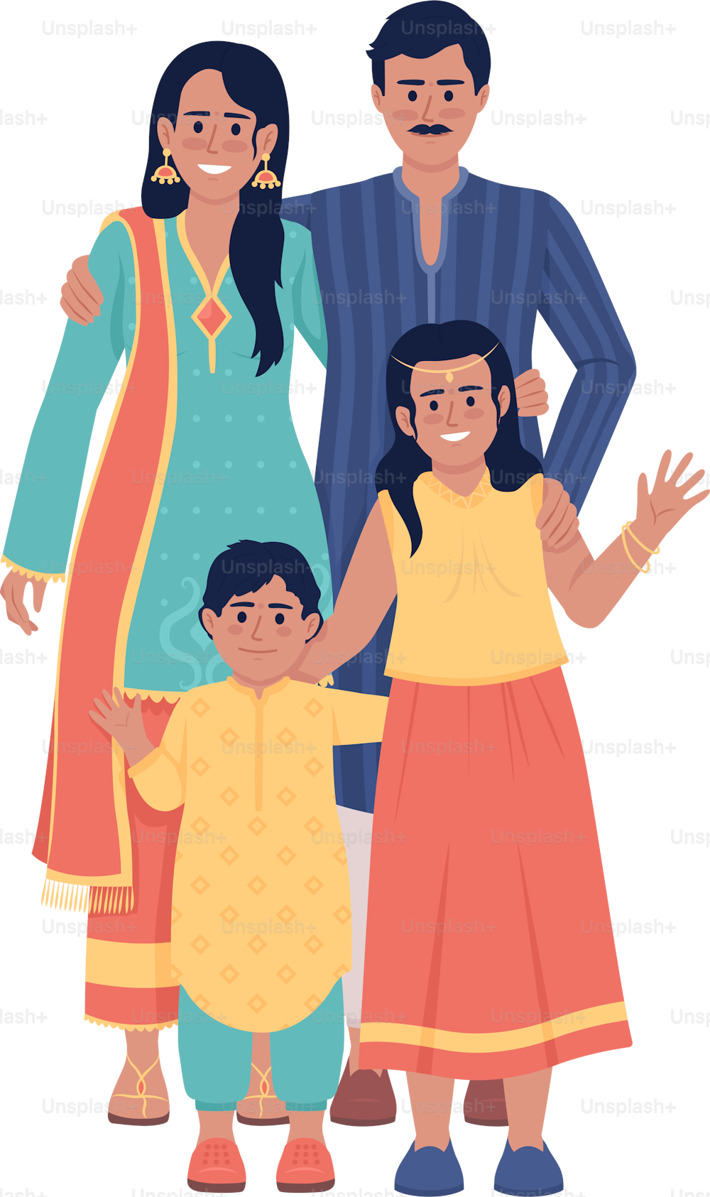 Famille portant des tenues ethniques indiennes caractères vectoriels de couleur semi plats. Figures modifiables. Personnes du corps entier sur blanc. Illustration simple de style dessin animé pour la conception graphique et l’animation Web