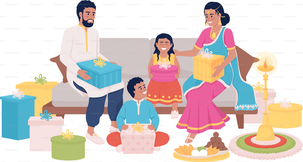 Famiglia che scambia regali su caratteri vettoriali di colore semi piatti Diwali. Figure modificabili. Persone a corpo intero su bianco. Celebrazione semplice illustrazione in stile fumetto per la progettazione grafica web e l'animazione