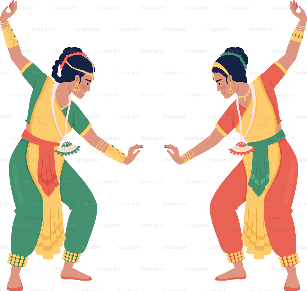 Frauen, die spirituellen Tanz auf halbflachen Diwali-Vektorfiguren aufführen. Bearbeitbare Figuren. Ganzkörpermenschen auf Weiß. Einfache Illustration im Cartoon-Stil für Webgrafikdesign und Animation