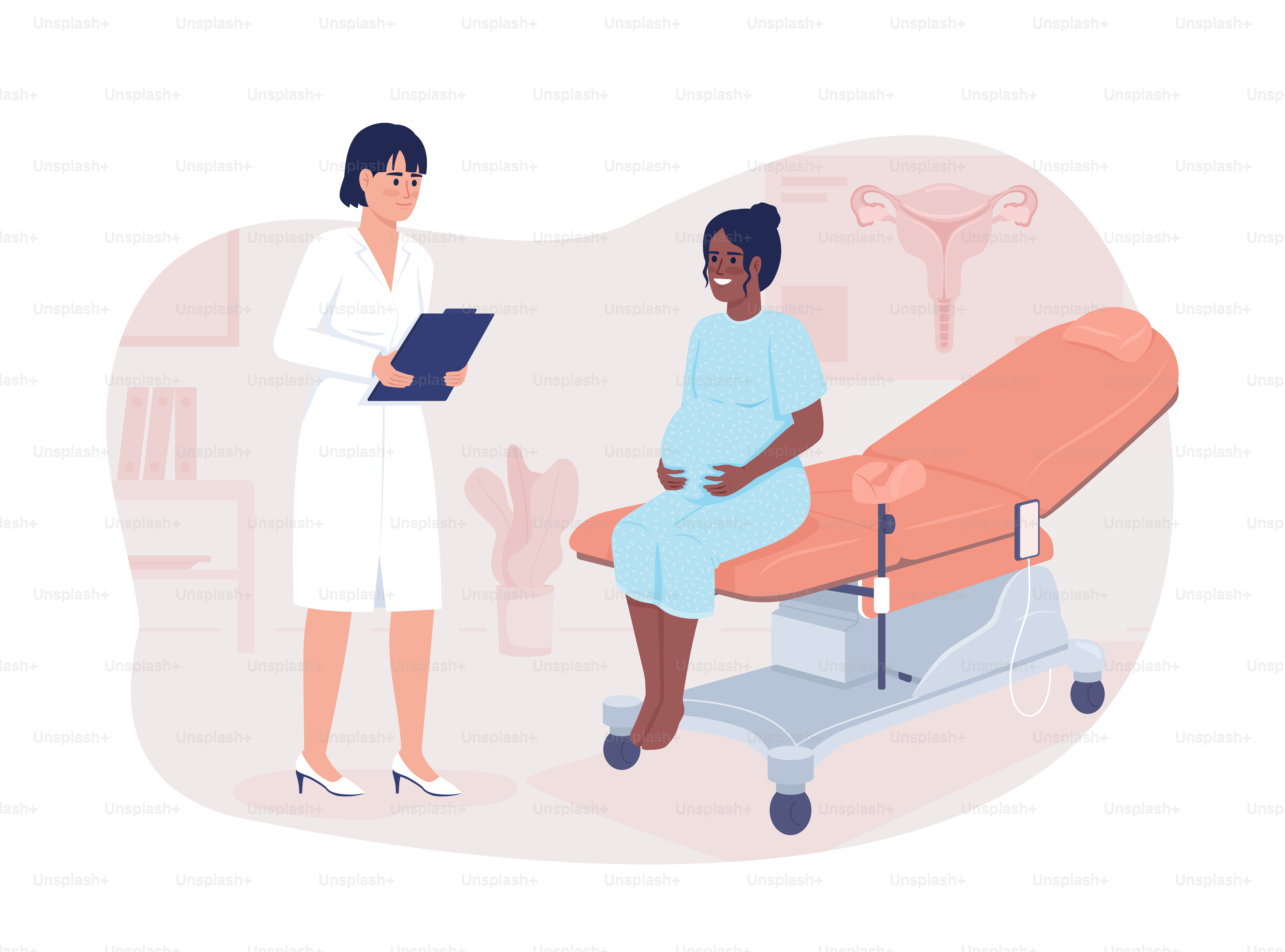 Schwangere Frau und Gynäkologin 2D-Vektor isolierte Illustration. Pränatale Pflege flache Charaktere im Cartoon-Hintergrund. Medizinische, farbenfrohe bearbeitbare Szene für Mobilgeräte, Website, Präsentation