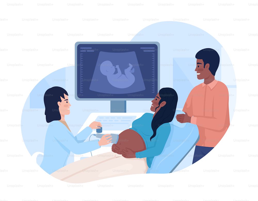 Pregnant woman undergoing ultrasound scan with partner 2D vector isolated illustration. Flat characters on cartoon background. Medical colourful editable scene for mobile, website, presentation