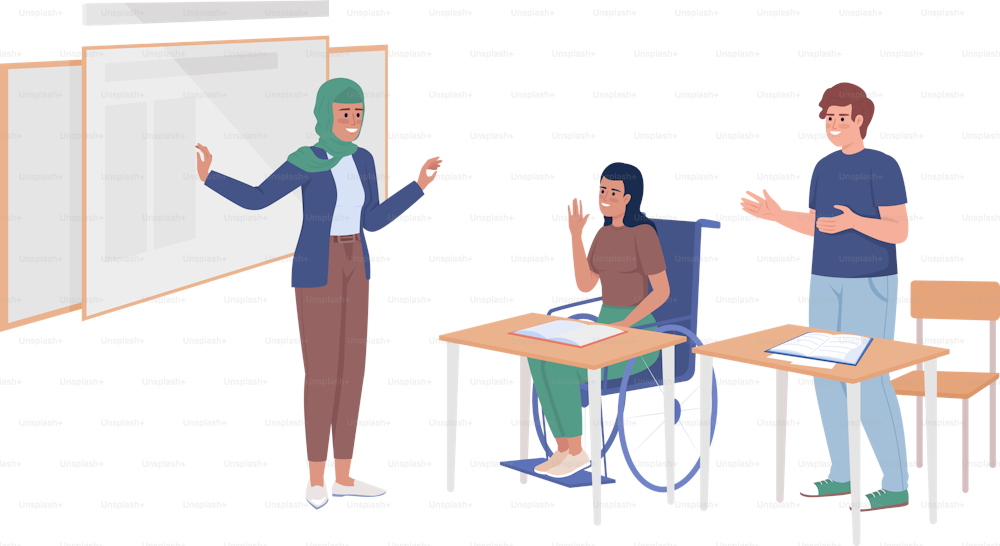 School lesson semi flat color vector characters. Editable figures. Full body people on white. Students and teacher simple cartoon style illustration for web graphic design and animation