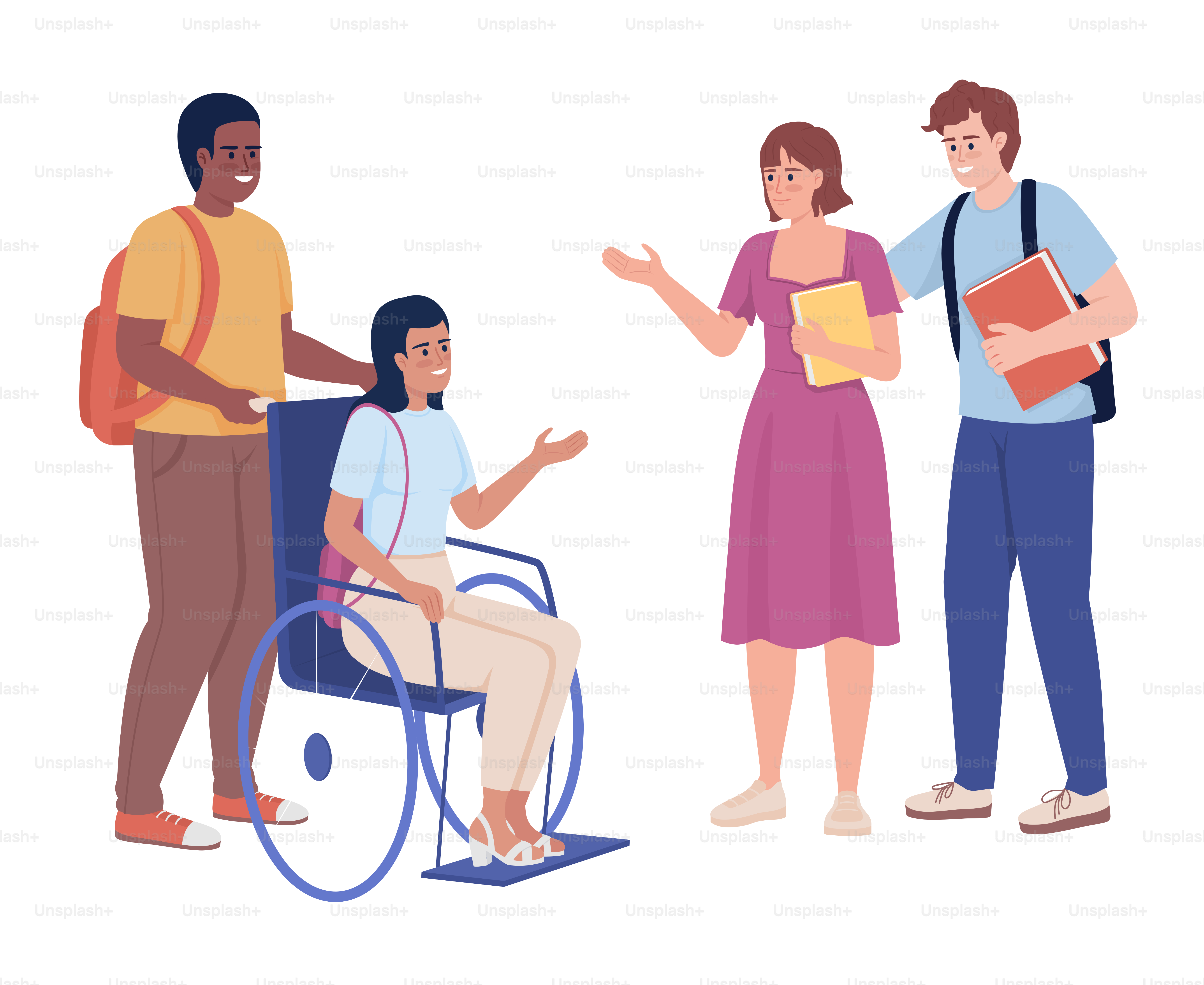 Students interaction semi flat color vector characters. Editable figures. Full body people on white. Social inclusion and equity simple cartoon style illustration for web graphic design and animation