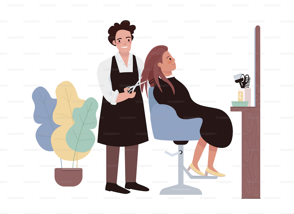 Hairdressing salon 2D vector isolated illustration. Hair styling flat characters on cartoon background. Beauty procedure and care colourful editable scene for mobile, website, presentation