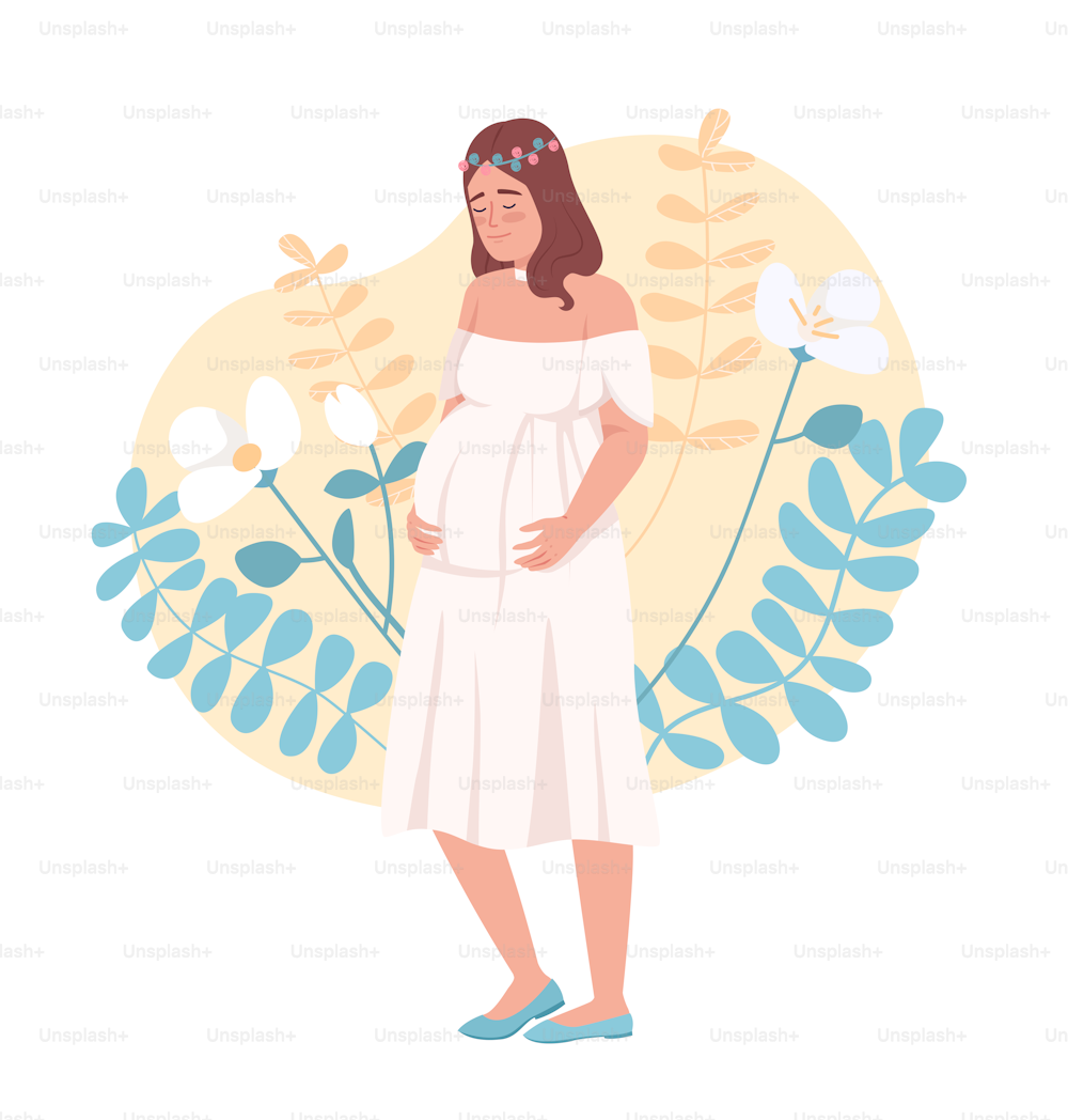 Happy young pregnant woman 2D vector isolated illustration. Maternity flat character on cartoon background. Baby birth expectation colourful editable scene for mobile, website, presentation