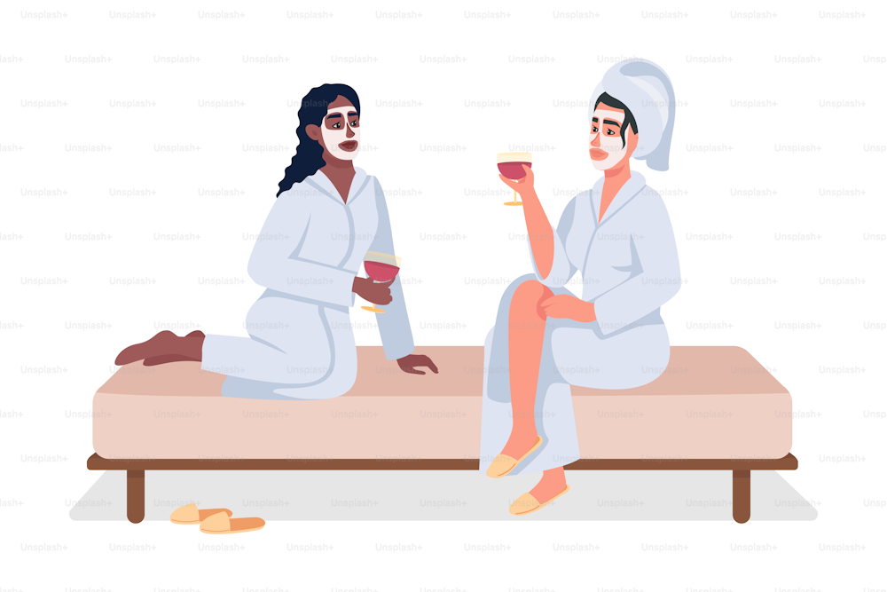 Friends relaxing at spa 2D vector isolated illustration. Recreation time at beauty salon flat characters on cartoon background. Girl party colourful editable scene for mobile, website, presentation