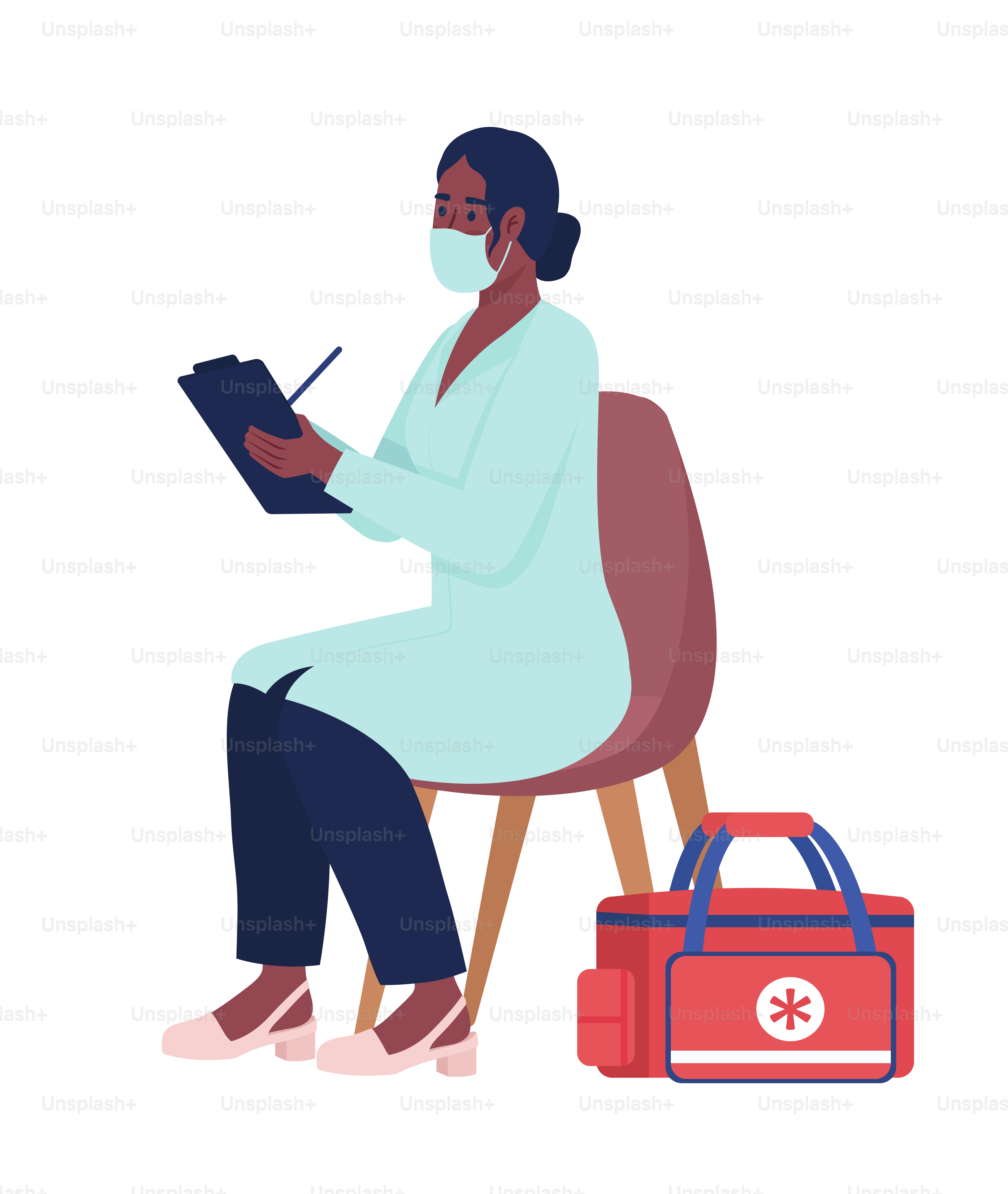 Arzt besucht Patienten zu Hause, halb-flache Farbvektorfigur. Editierbare Figur. Ganzkörperperson auf weißem Bildschirm. Medicine Simple Cartoon Style Illustration für Web-Grafikdesign und Animation