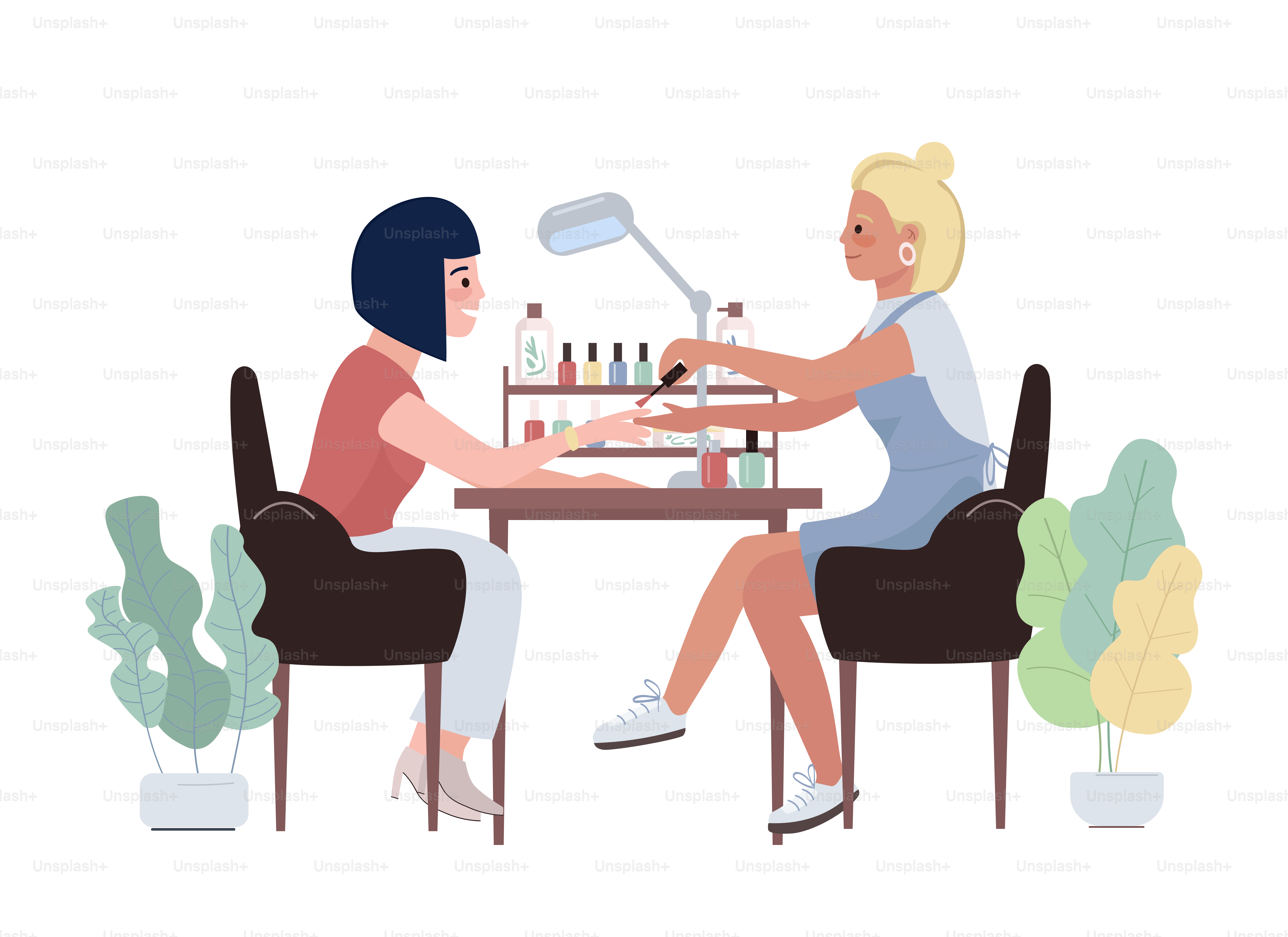 Procédure de manucure illustration vectorielle isolée 2D. Personnages de salon de beauté sur fond de dessin animé. Service de soins des mains Scène colorée et éditable pour mobile, site web, présentation