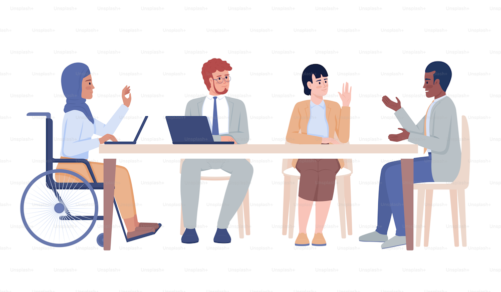 Business meeting semi flat color vector characters. Editable figures. Full body people on white. Inclusion at work simple cartoon style illustration for web graphic design and animation