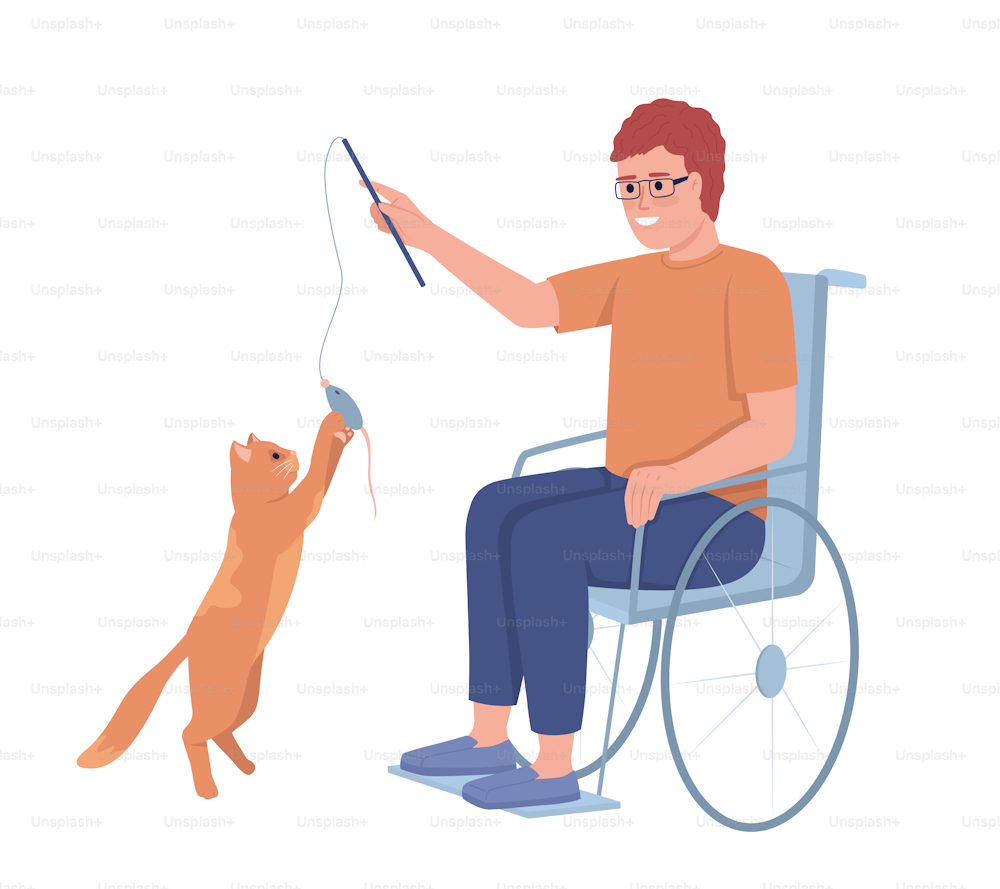 Disabled man playing with his cat semi flat color vector characters. Editable figures. Full body person on white. Lifestyle simple cartoon style illustration for web graphic design and animation