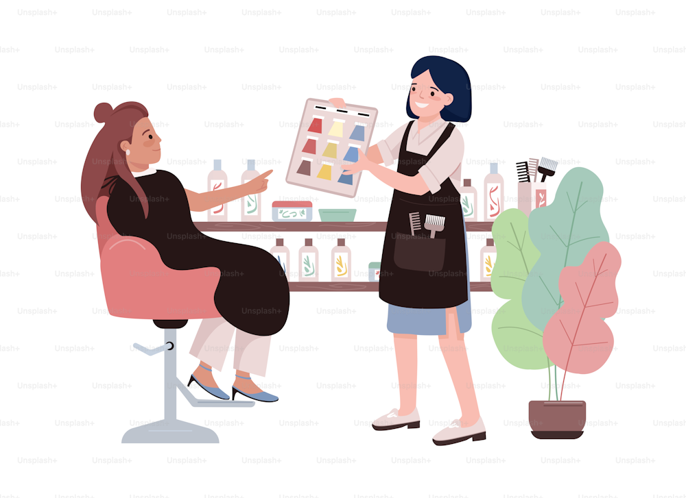 Choosing hair color 2D vector isolated illustration. Hairdresser and her client flat characters on cartoon background. Hair salon colourful editable scene for mobile, website, presentation