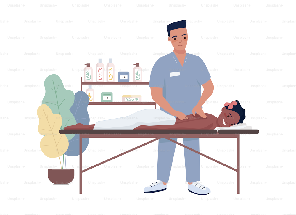 Massage 2D vector isolated illustration. Spa salon procedure flat characters on cartoon background. Body treatment service colourful editable scene for mobile, website, presentation