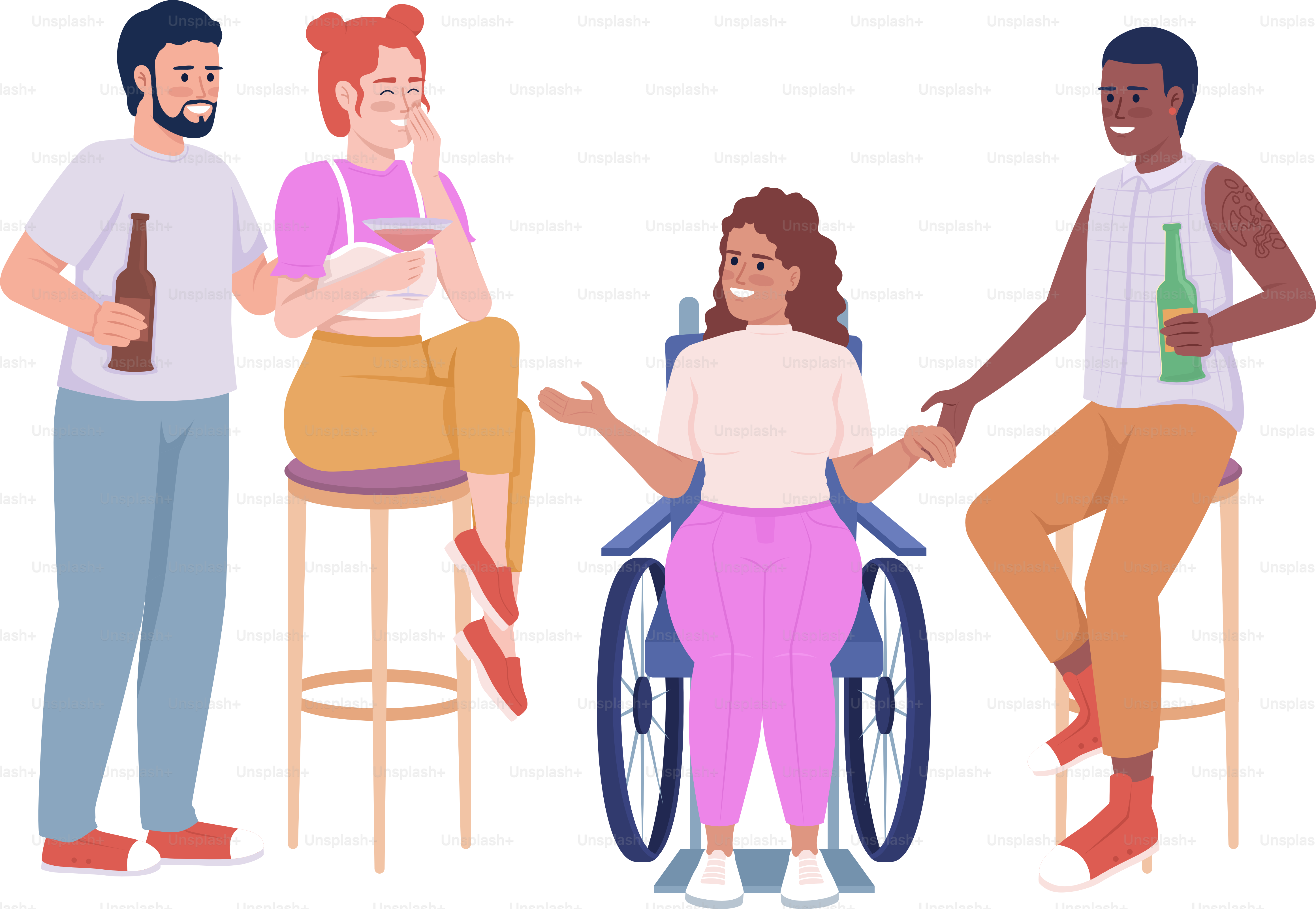 Teman di pesta karakter vektor warna semi datar. Angka yang dapat diedit. Orang bertubuh penuh berwarna putih. Minum dan berbicara ilustrasi gaya kartun sederhana untuk desain grafis web dan animasi