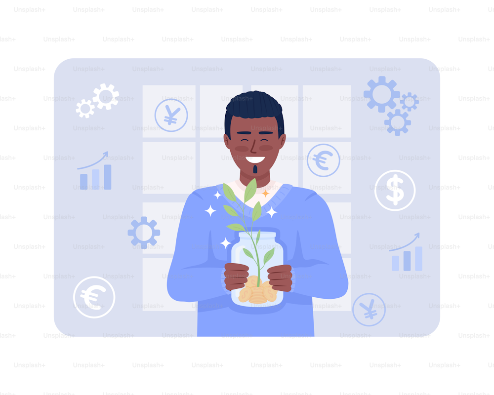High paying job 2D vector isolated illustration. Financial growth. Happy man with savings flat character on cartoon background. Ð¡olourful editable scene for mobile, website, presentation
