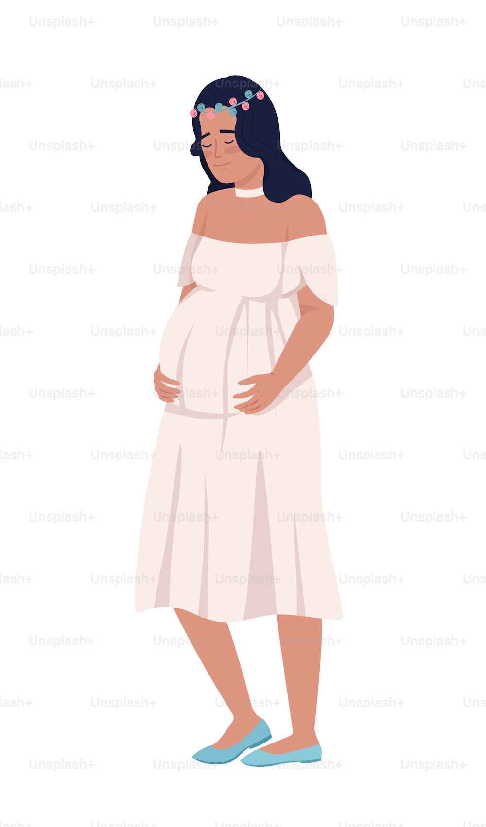 Pretty pregnant lady semi flat color vector character. Editable figure. Full body person on white. Motherhood simple cartoon style illustration for web graphic design and animation