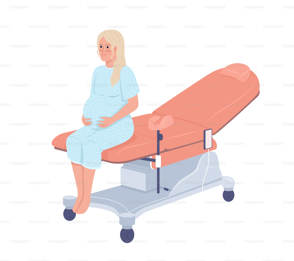 Pregnant lady at gynecologist appointment semi flat color vector character. Editable figure. Full body person on white. Simple cartoon style illustration for web graphic design and animation