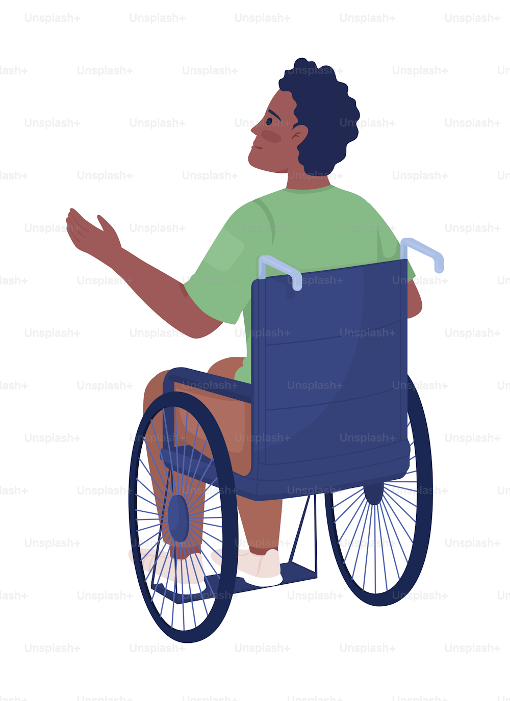 車椅子の半平色のベクター画像文字の男性。障害のある患者。編集可能な図。白い背景に全身の人。Webグラフィックデザインとアニメーション用のシンプルな漫画スタイルのイラスト