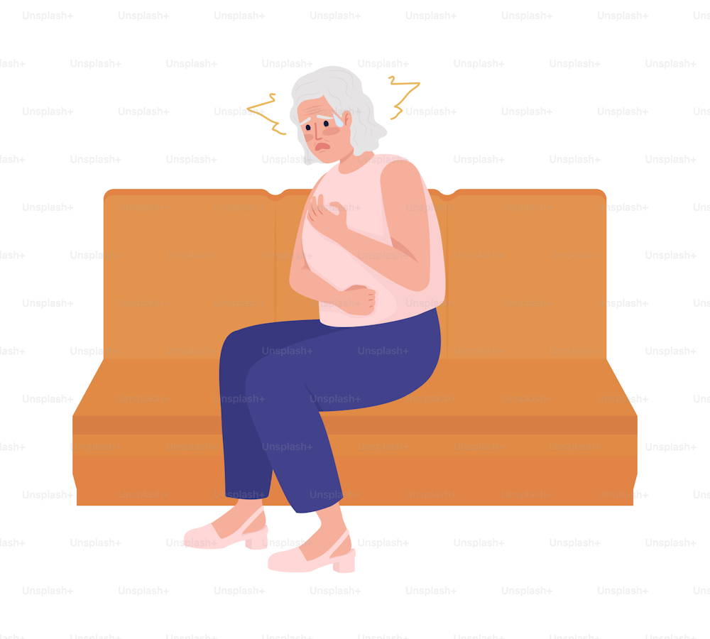 Senior woman with panic attack semi flat color vector character. Health disorder. Editable figure. Full body person on white. Simple cartoon style illustration for web graphic design and animation