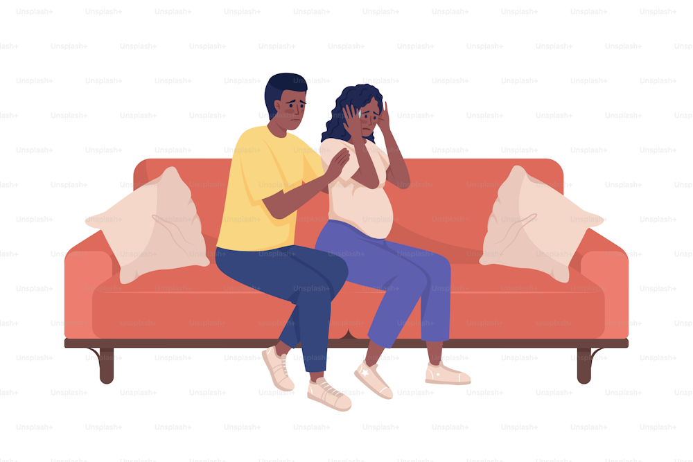 Crying pregnant woman with husband semi flat color vector characters. Editable figures. Full body people on white. Panic simple cartoon style illustration for web graphic design and animation