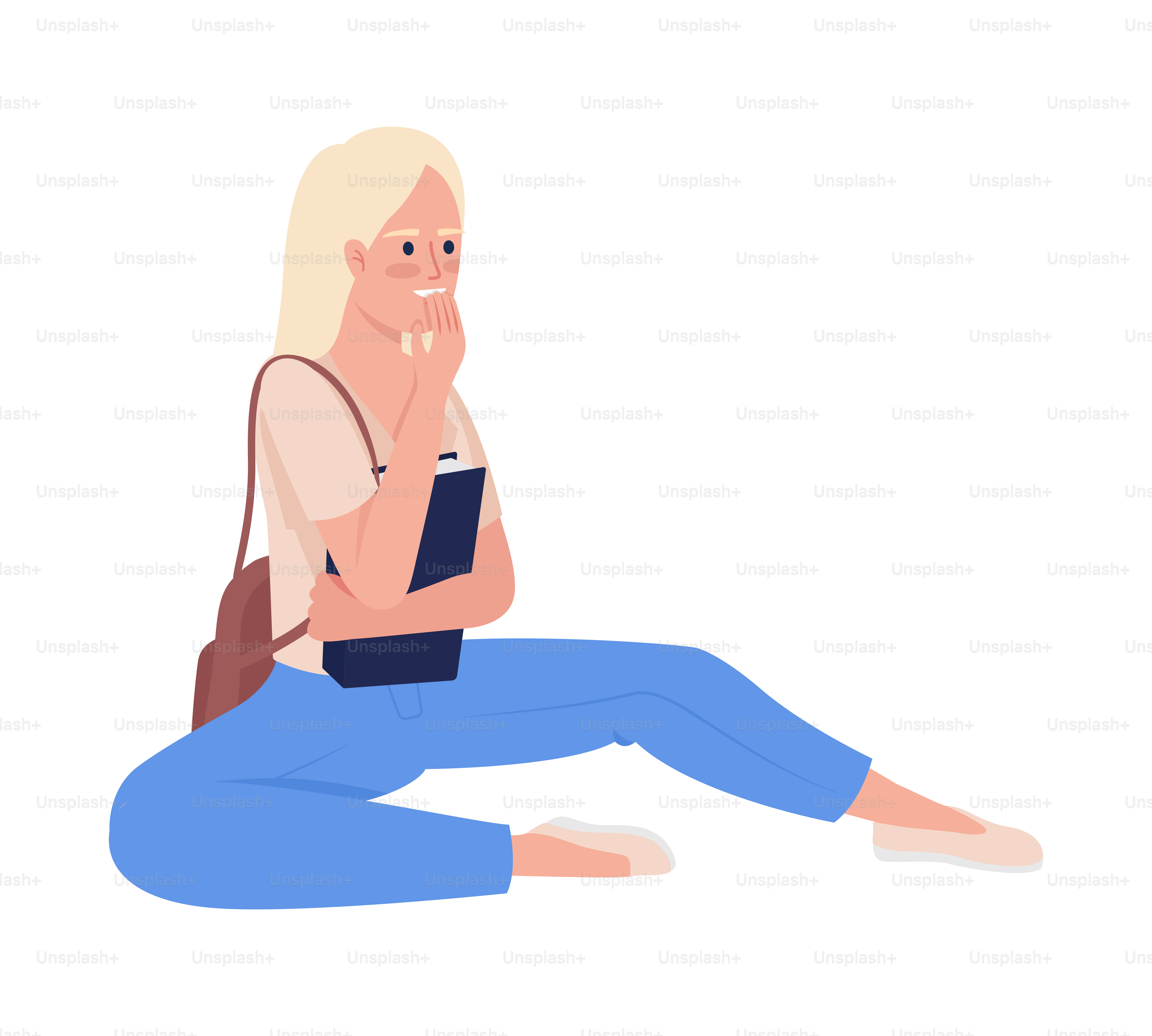 책과 배낭을 든 여성, 반평면 컬러 벡터 캐릭터. 휴식 중인 학생. 편집 가능한 도표. 흰색 옷에 전신 사람. 웹 그래픽 디자인 및  애니메이션을 위한 간단한 만화 스타일 일러스트레이션 벡터 – Unsplash의 책, image size:3000x2700