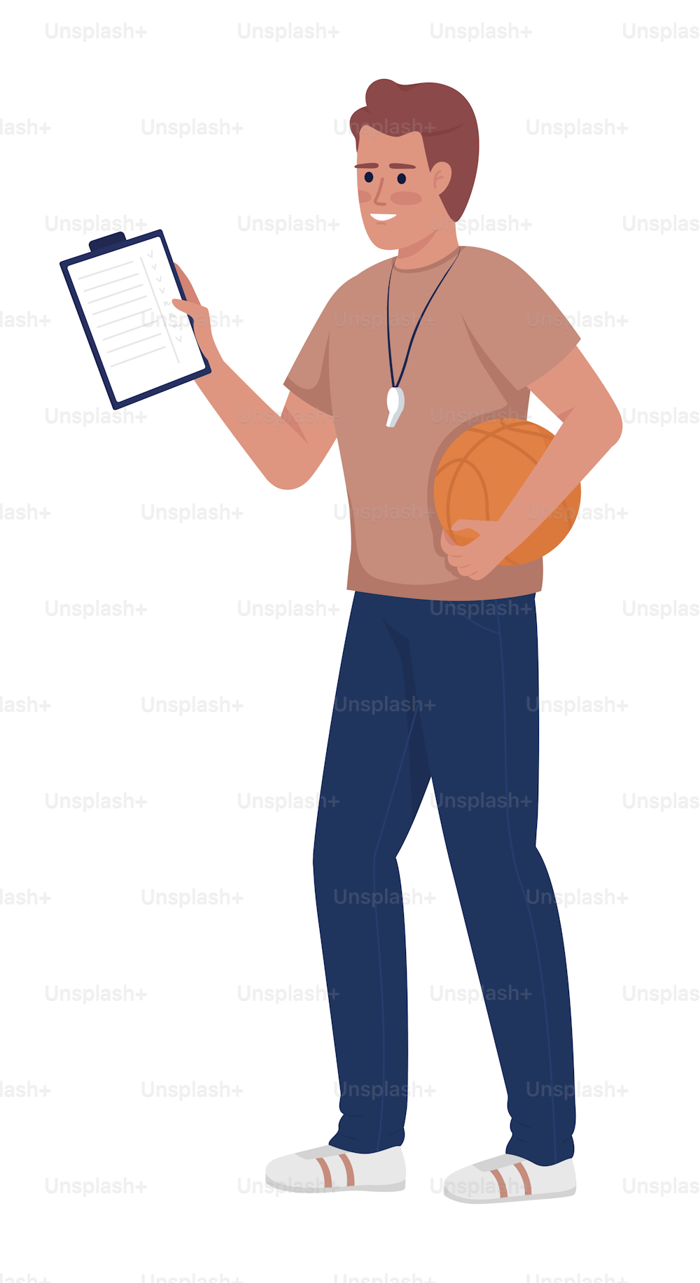 PE teacher semi flat color vector character. Trainer with clipboard and ball. Editable figure. Full body person on white. Sport simple cartoon style illustration for web graphic design and animation