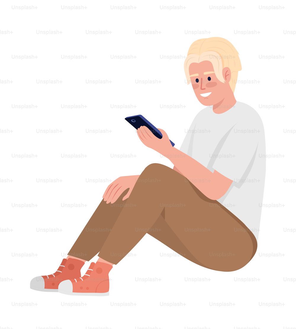 Young man with smartphone semi flat color vector character. Mobile connection. Editable figure. Full body person on white. Simple cartoon style illustration for web graphic design and animation