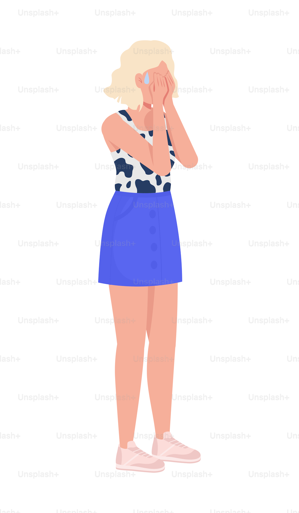 화가 난 여자는 얼굴을 닫는 세미 플랫 컬러 벡터 캐릭터입니다. 슬픔 표현. 편집 가능한 그림입니다. 흰색에 전신 사람. 웹 그래픽 디자인 및 애니메이션을 위한 간단한 만화 스타일 일러스트레이션