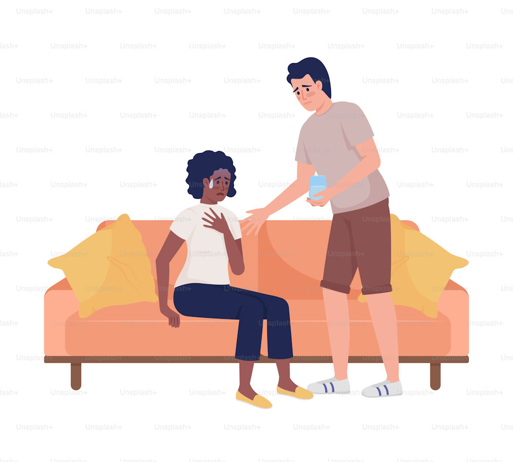 Man taking care of crying woman semi flat color vector characters. Panic attack. Editable figures. Full body people on white. Simple cartoon style illustration for web graphic design and animation