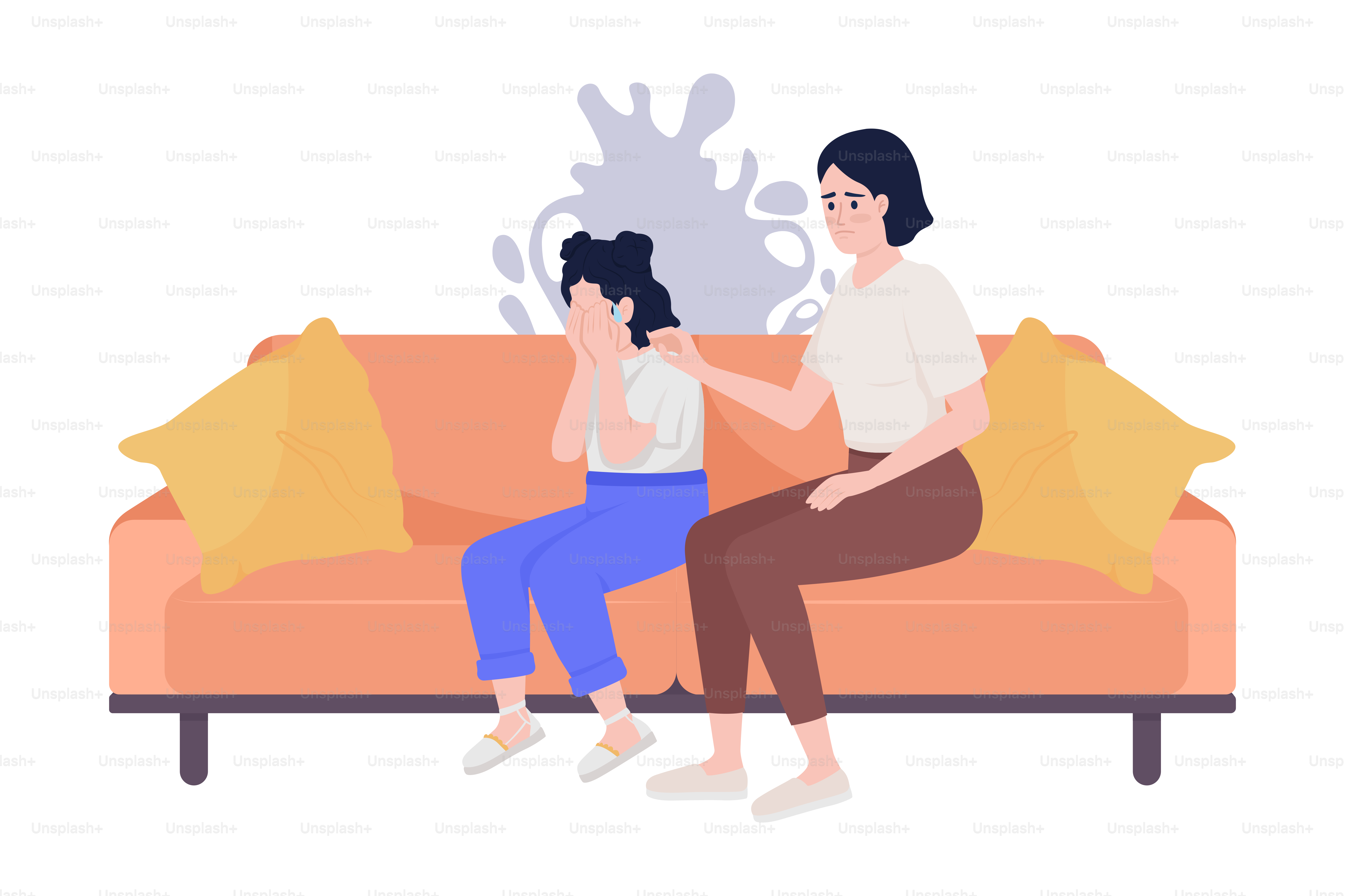 Woman supporting sad child semi flat color vector characters. Stress overcoming. Editable figures. Full body people on white. Simple cartoon style illustration for web graphic design and animation