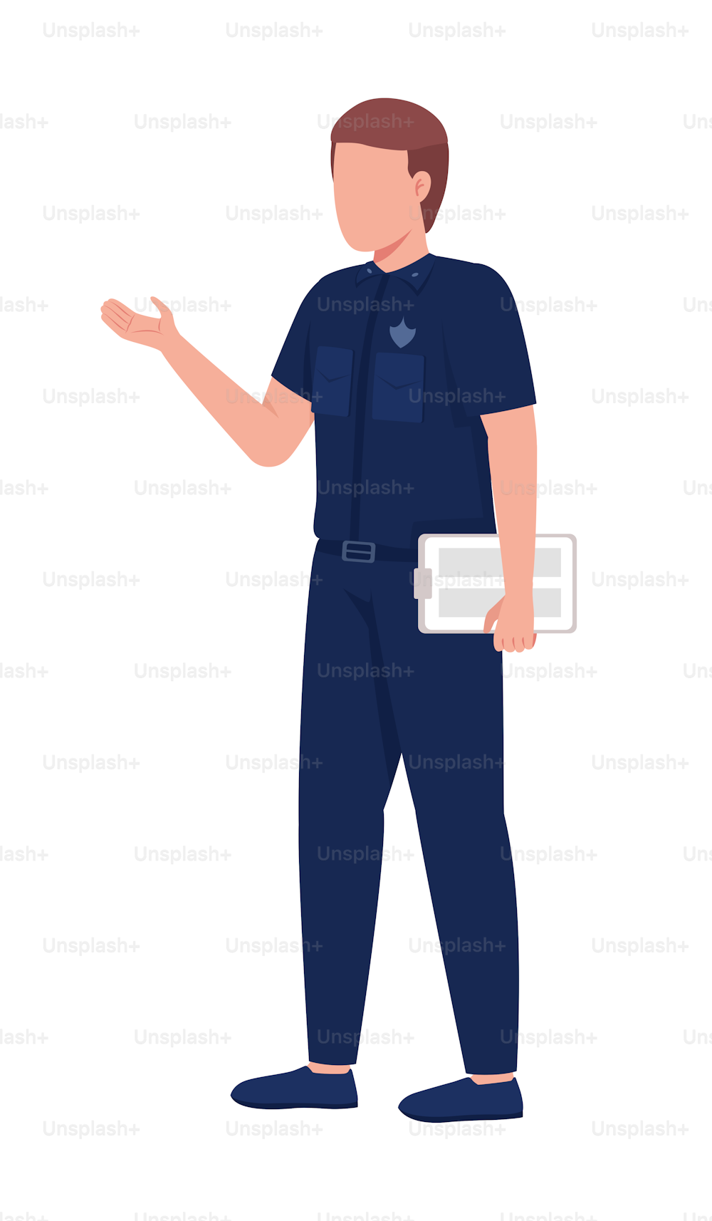 警察官の半フラットカラーベクター画像文字。編集可能な図。白い背景に全身の人。ウェブグラフィックデザインとアニメーション用の公共保護サービスのシンプルな漫画スタイルのイラスト