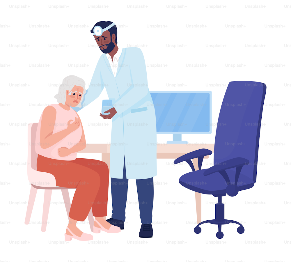 Lady feeling bad at doctor appointment semi flat color vector characters. Editable figures. Full body people on white. Clinic simple cartoon style illustration for web graphic design and animation