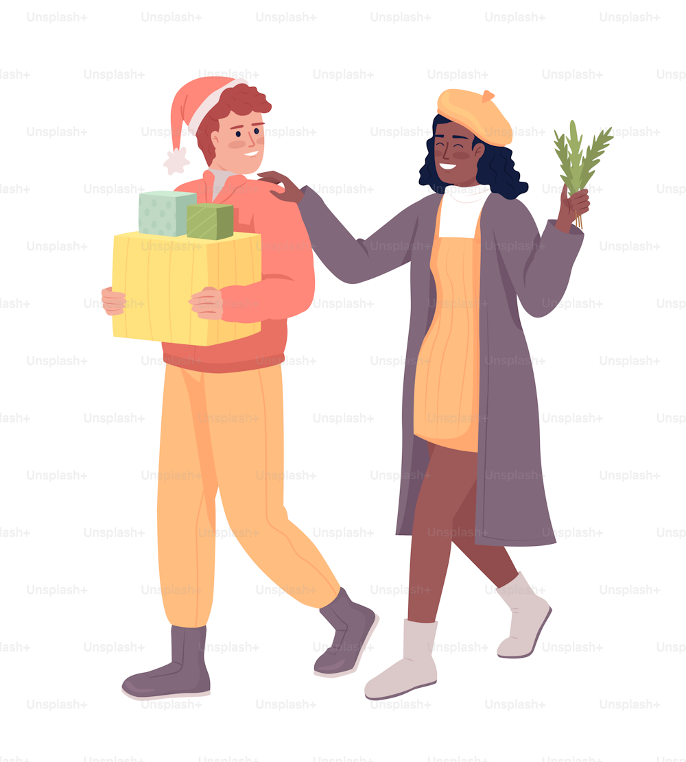 Couple gathering gifts for Christmas party semi flat color vector characters. Editable figures. Full body people on white. Simple cartoon style illustration for web graphic design and animation