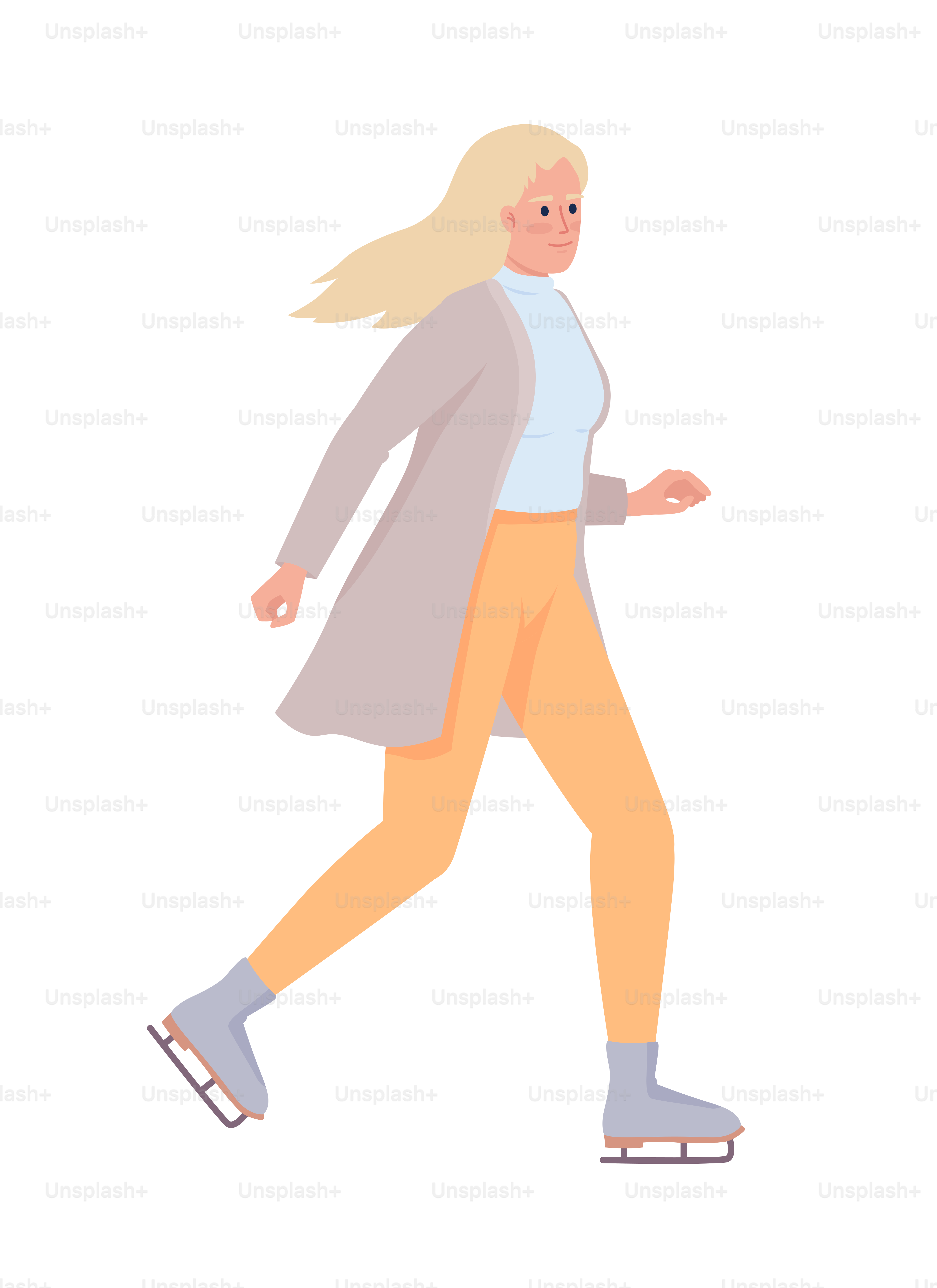 Femme élégante patinant sur glace à caractère vectoriel de couleur semi  plate. Figure modifiable. Personne du corps entier sur blanc. Belle athlète  féminine. Illustration simple de style dessin animé pour la conception, image size:3000x4125