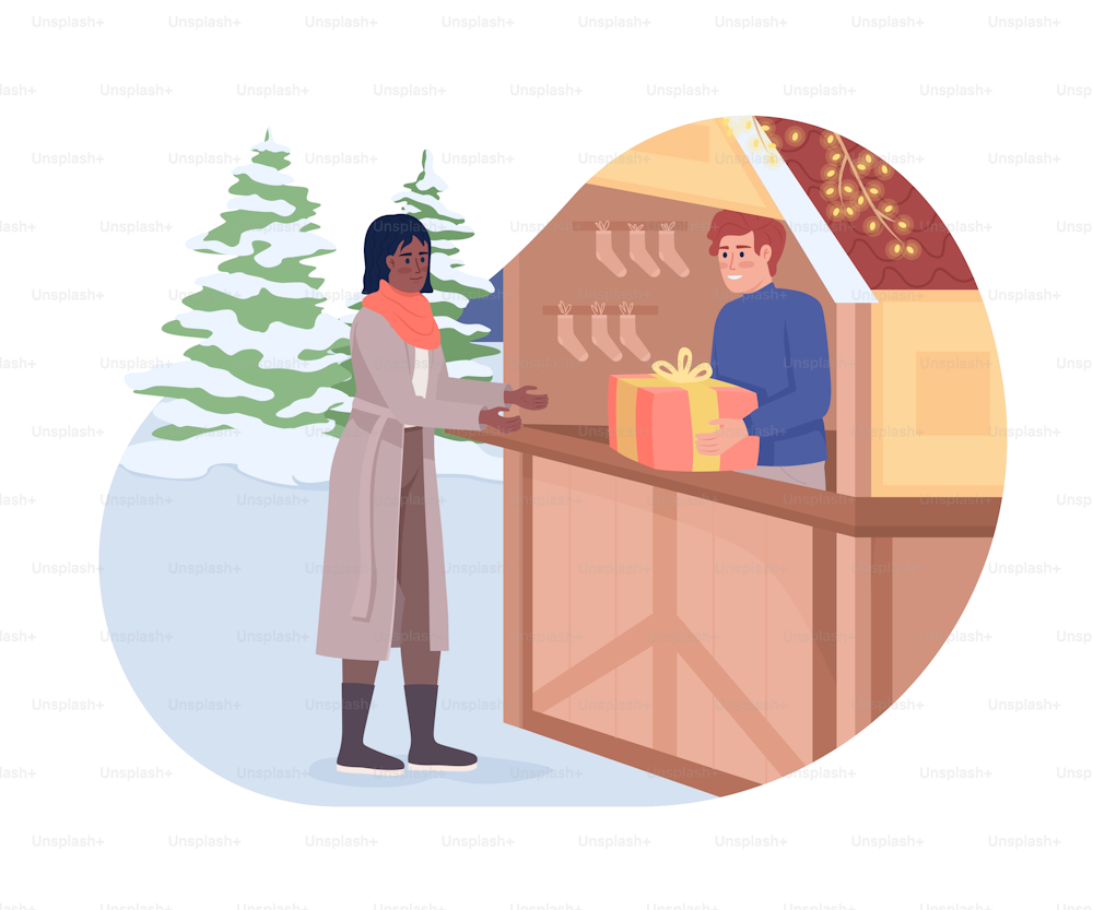 Der Kauf präsentiert eine isolierte 2D-Vektor-Illustration. Weihnachtseinkäufe flache Charaktere auf Cartoon-Hintergrund. Weihnachtsmarkt bunte editierbare Szene für Handy, Website, Präsentation