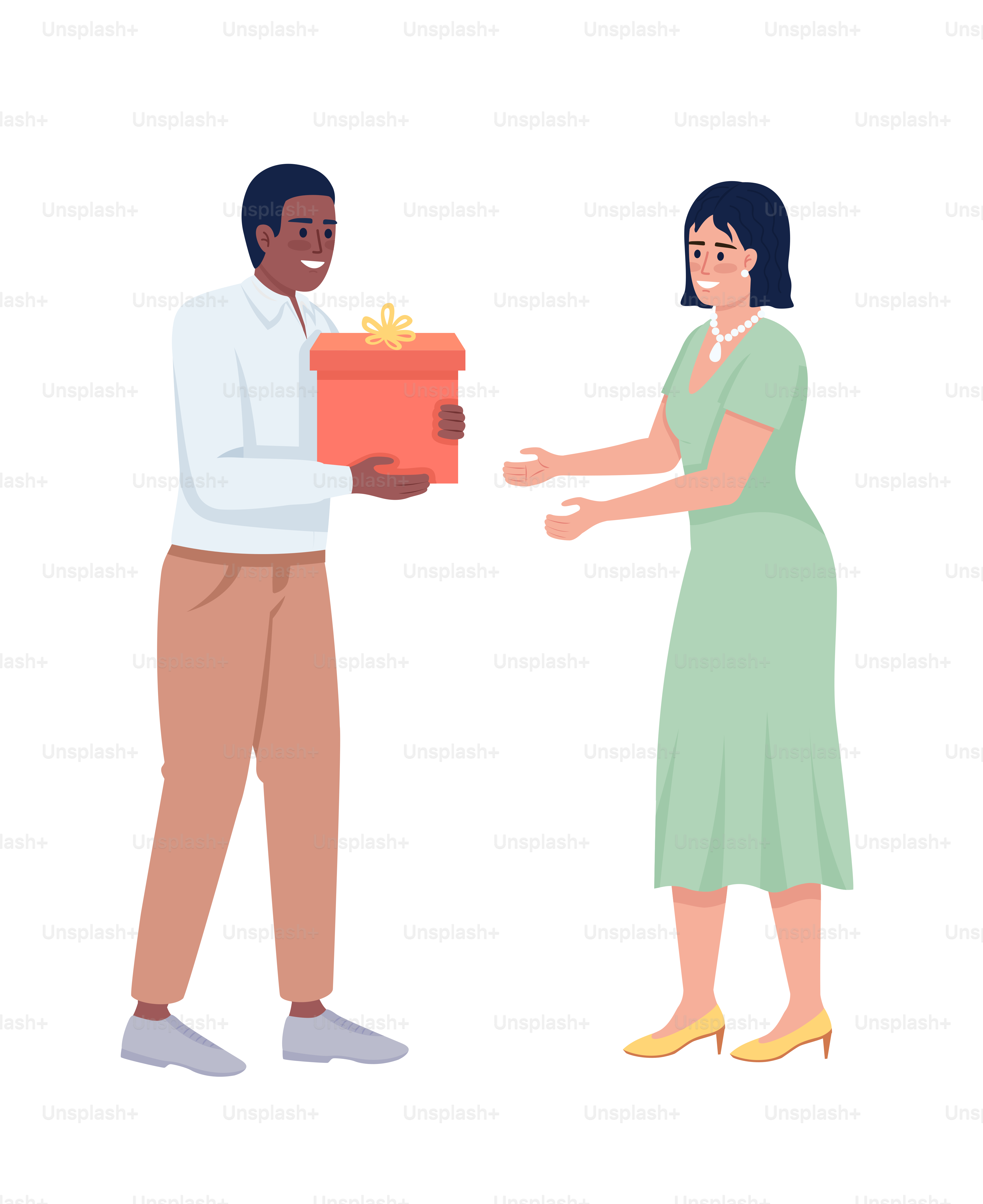 Couple exchanging gifts semi flat color vector character. Editable figure. Full body people on white. Anniversary simple cartoon style illustration for web graphic design and animation