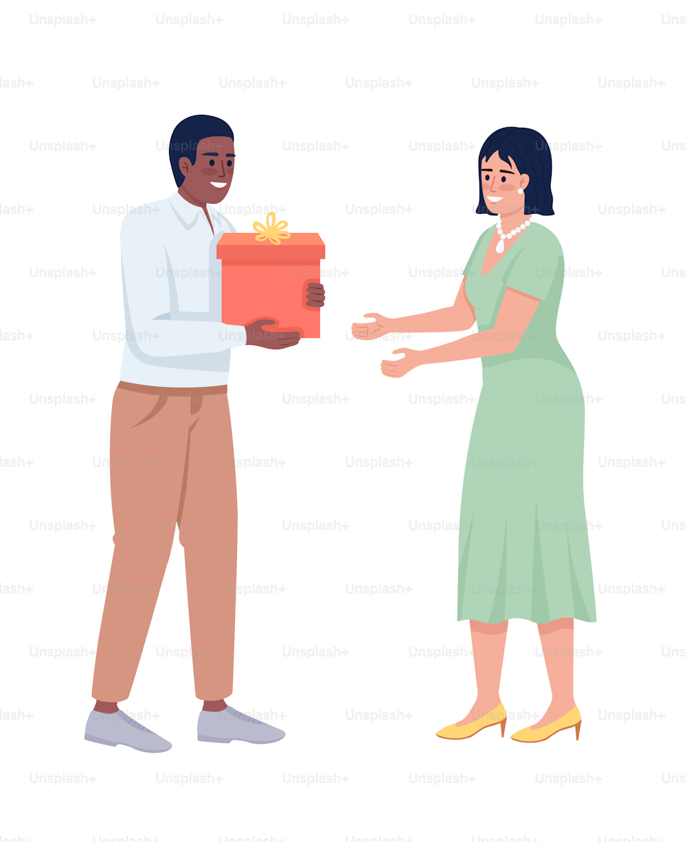 Couple exchanging gifts semi flat color vector character. Editable figure. Full body people on white. Anniversary simple cartoon style illustration for web graphic design and animation