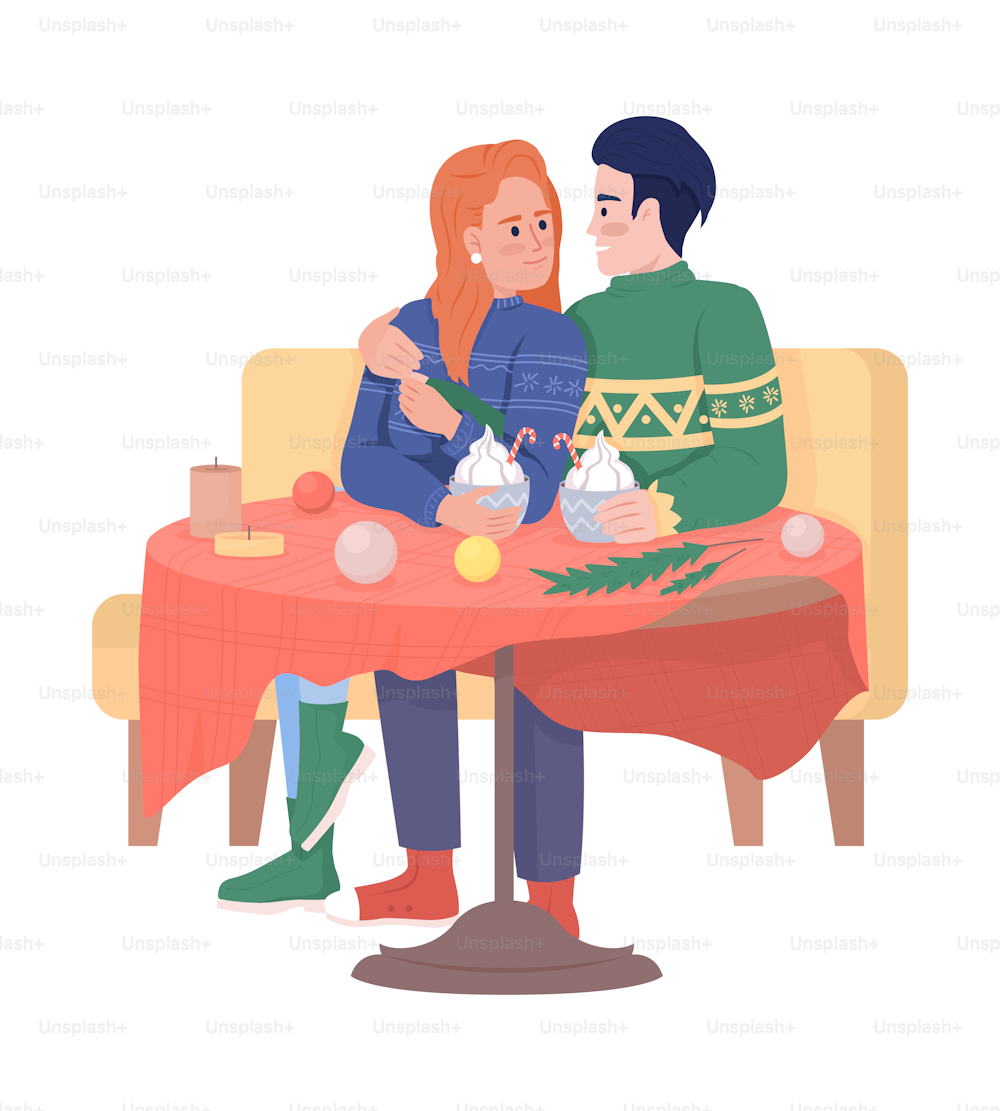 Christmas date with hot drinks for couple semi flat color vector characters. Editable figures. Full body people on white. Simple cartoon style illustration for web graphic design and animation
