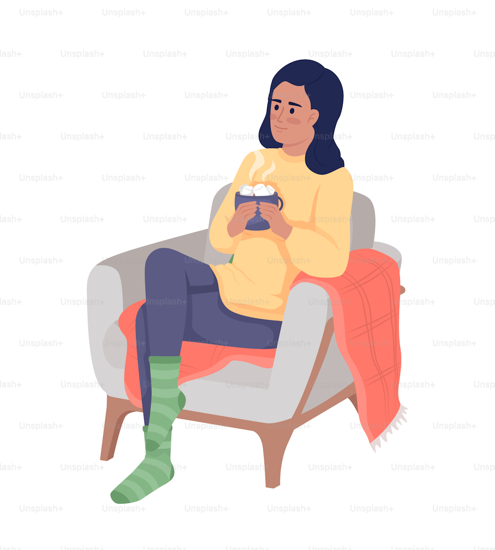 Happy girl sitting in armchair with hot cocoa semi flat color vector character. Editable figure. Full body person on white. Simple cartoon style illustration for web graphic design and animation