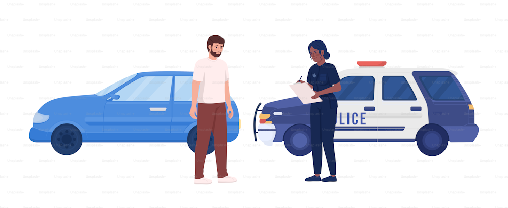 Worried man pulled over by female police officer semi flat color vector characters. Editable figures. Full body people on white. Simple cartoon style illustration for web graphic design and animation