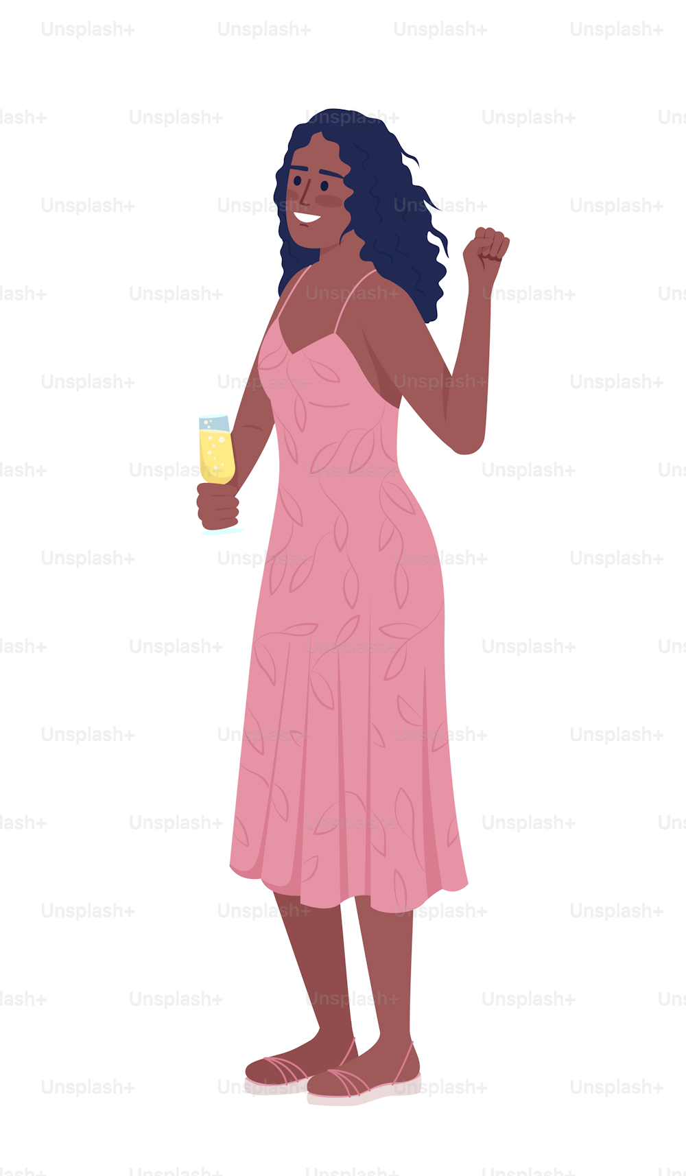 Smiling curly haired girl with sparkling wine glass semi flat color vector character. Editable figure. Full body person on white. Simple cartoon style illustration for web graphic design and animation