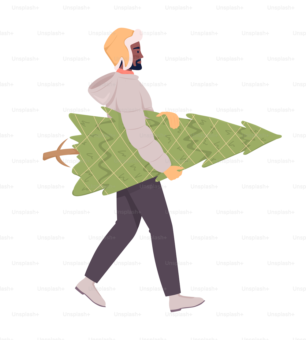 성인 남자는 진짜 크리스마스 트리 세미 플랫 컬러 벡터 캐릭터와 함께 집으로 걸어가고 있다. 편집 가능한 그림입니다. 흰색에 전신 사람. 웹 그래픽 디자인 및 애니메이션을 위한 간단한 만화 스타일 일러스트레이션